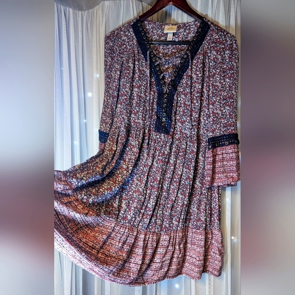 Knox Rose Dress Size S Peasant Front Lace Up Floral Boho Western